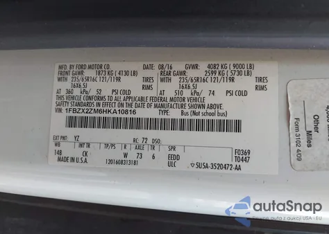 2017 Ford Transit Xlt from USA, damaged, VIN 1FBZX2ZM6HKA10816